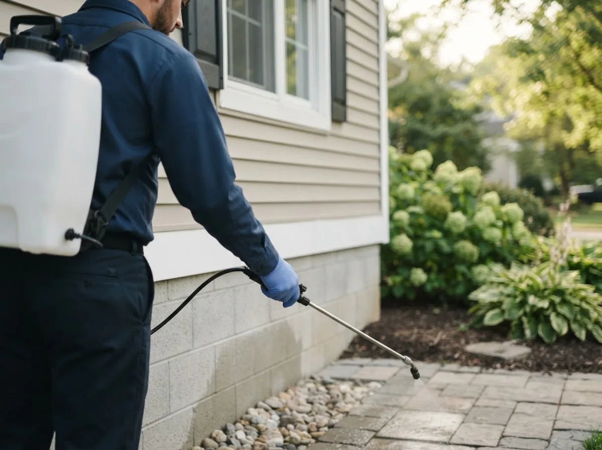 Pest control technician inspecting a home in Cadillac, MI